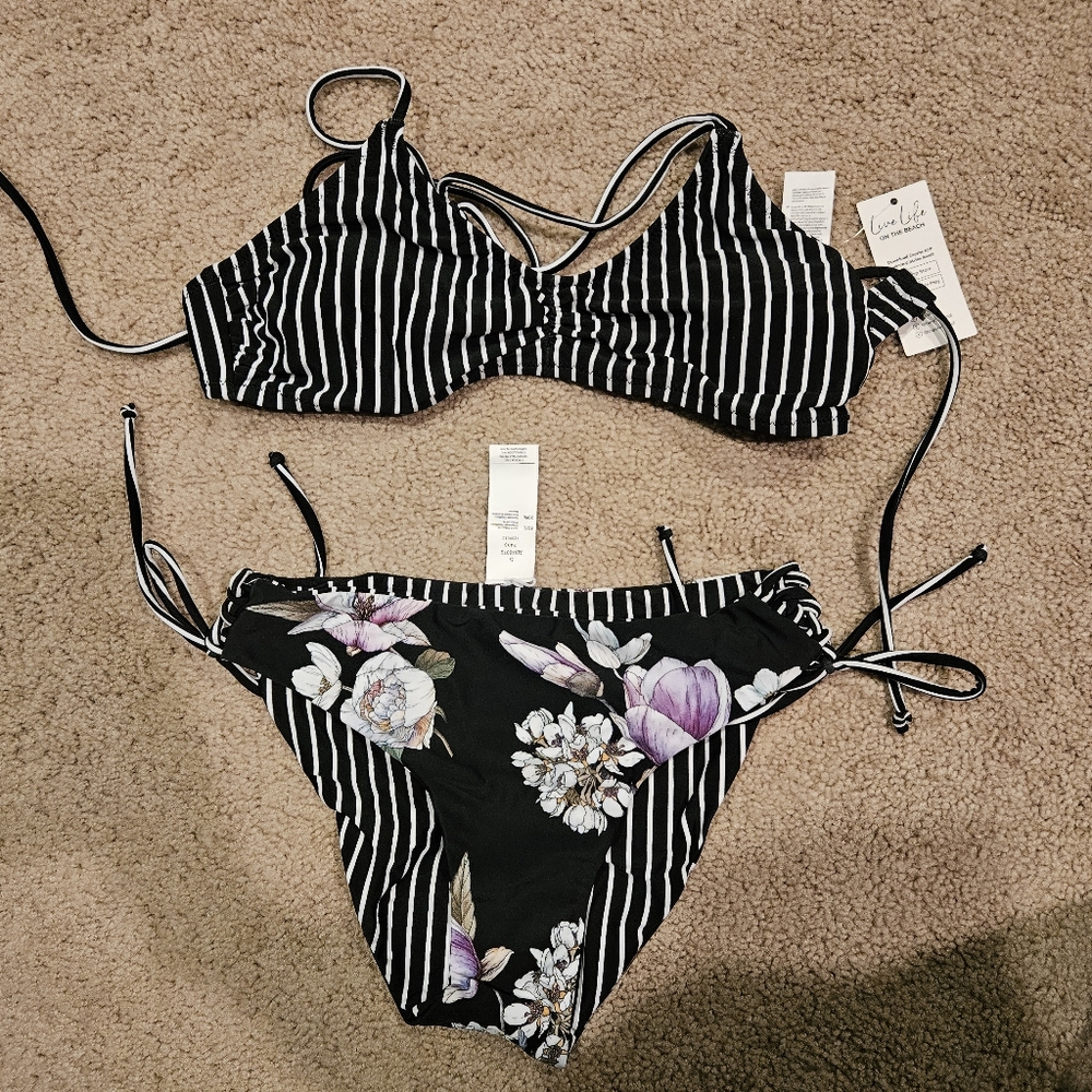 NWT Black and White Striped Floral Bikini